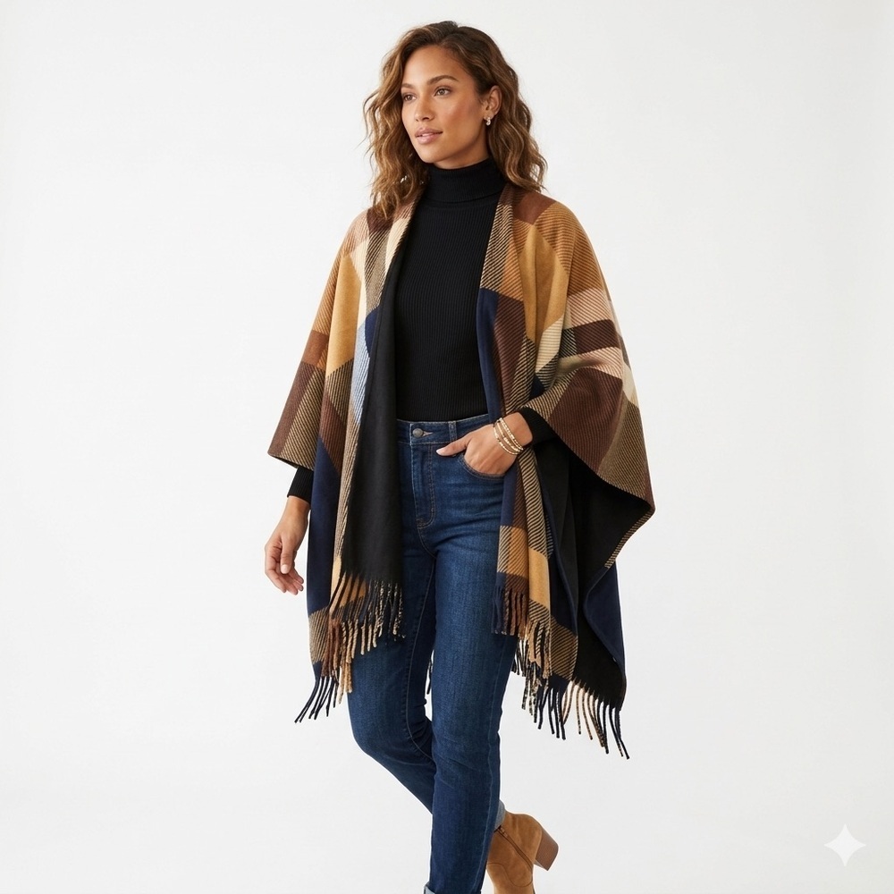 Rachel Roy Plaid Fringe Poncho Wrap Cape Shawl – Neutral Colorblock OS